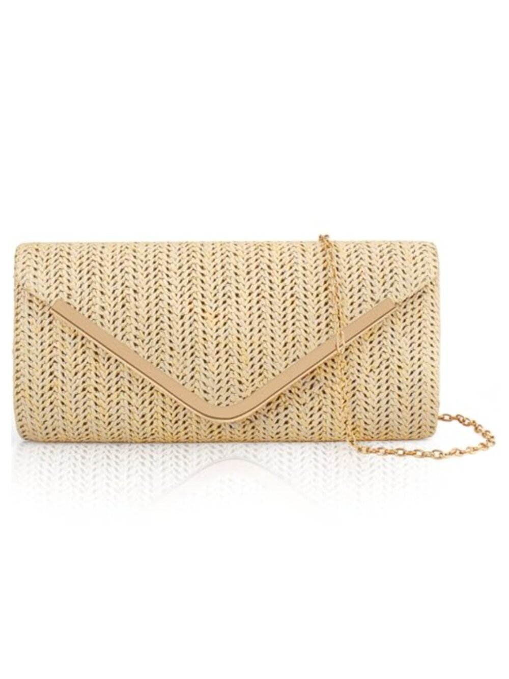 Raffia Envelope Clutch Evening Bag Detachable Chain Herringbone